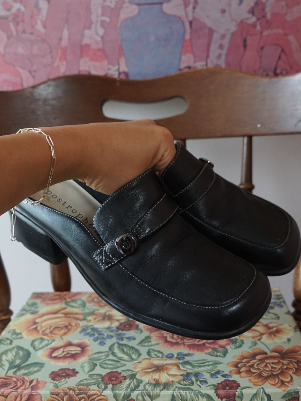 Apostrophe Geniune Leather Clog mules square toe Y2K block heel Size 6.5